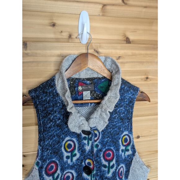 Damee Sweater Womens Large Blue Sleeveless Cardigan Vest Art - Picture 2 of 10